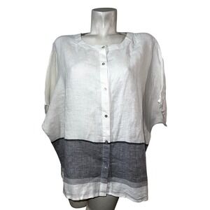 Tahari Womens White Grey Colorblock 100% Linen Button Front Oversized Blouse M